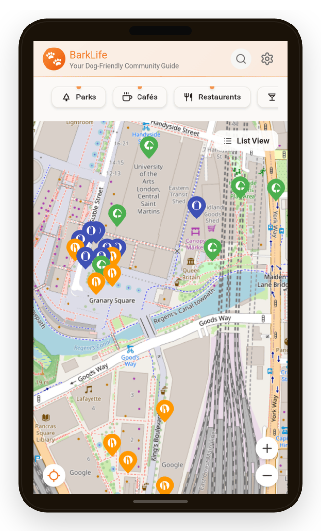 BarkLife map showing dog-friendly spots